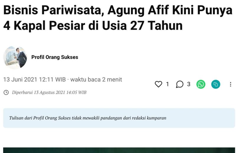 Kumparan — Bisnis Pariwisata Agung Afif, Kini Punya 4 Kapal Pesiar di Usia 27 Tahun